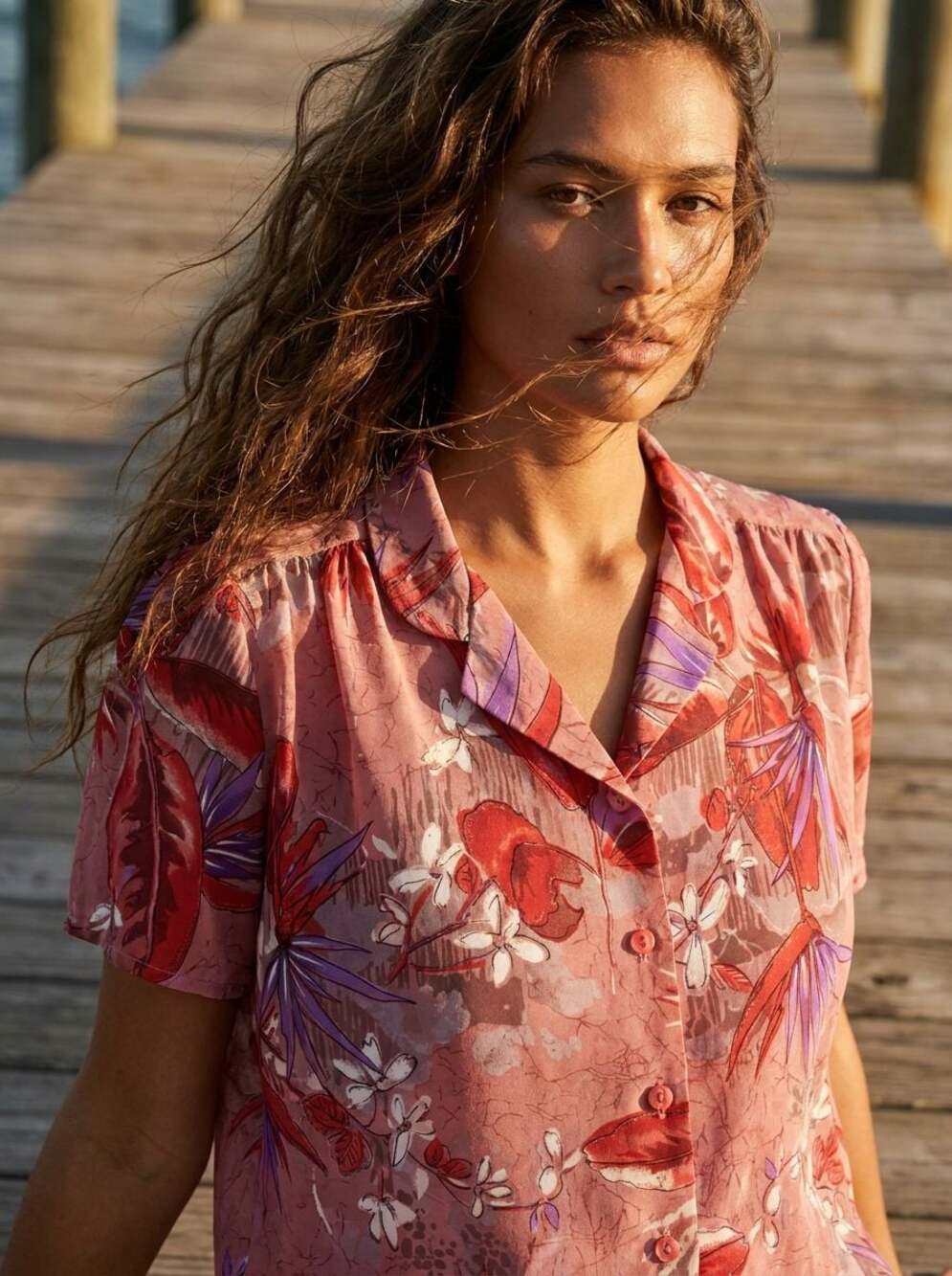 Sezane Maxence Short Sleeve Bird of Paradise Floral Shirt Pink - EK